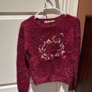 Desigual Burgundy Fuzzy Sweater with Floral Design